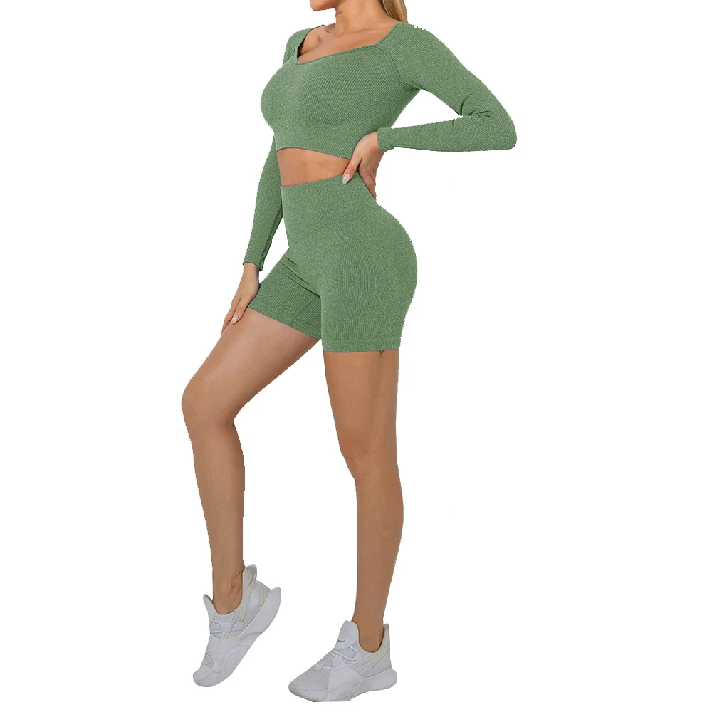 

Seamless Women Tracksuit Yoga Set Workout Sportswear Gym Clothing Fitness Long Sleeve Crop Top High Waist Shorts Athletic Wear