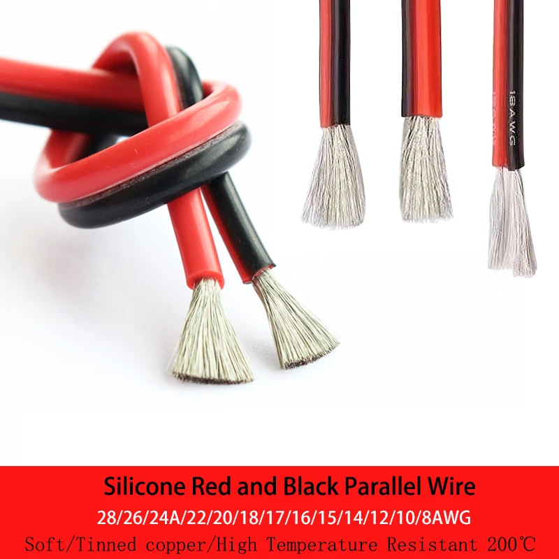 

Силиконовый красный и черный параллельный кабель, гибкий силиконовый высокотемпературный 200 °C 2P 28/26/24/22/20/18/16/14/12/8AWG 0, 08 мм2-8 мм2