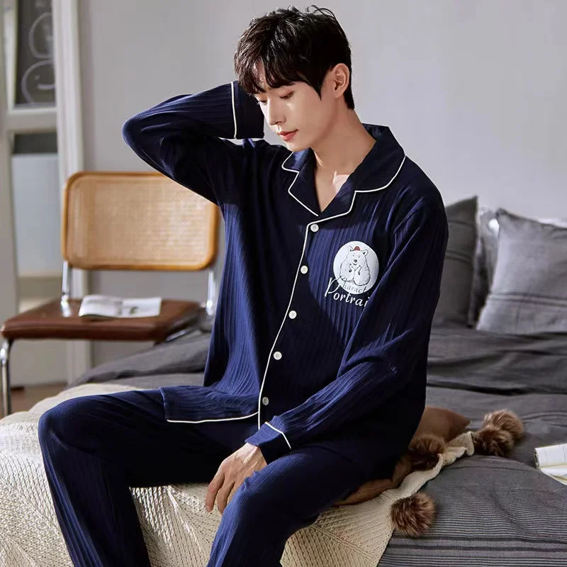 Men's Pajama Sets Spring Autumn Turn-Down Collar Loose Leisure Sleepwear 2 Pieces /Sets Home Clothes Long Sleeve Top +Pants Pyja