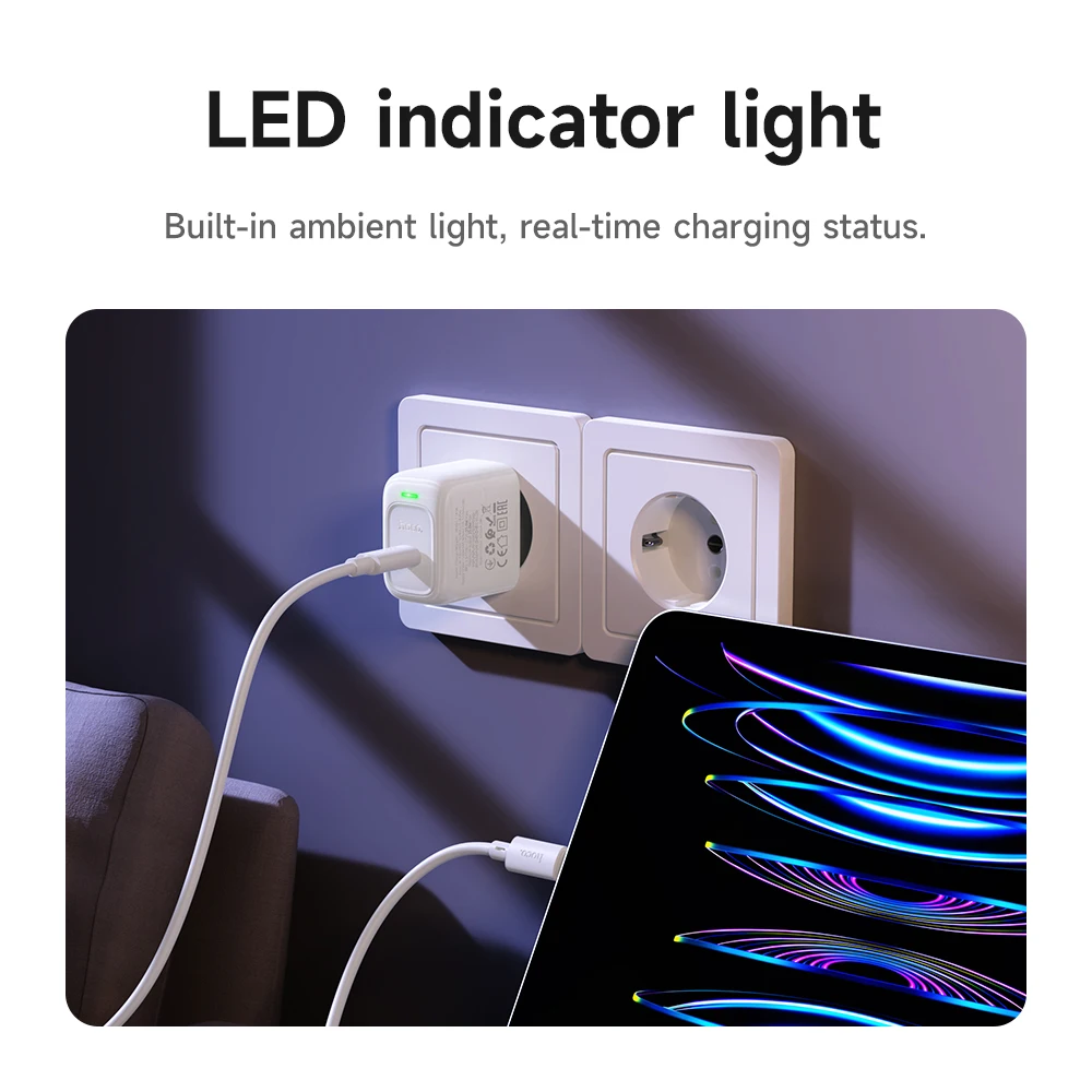 Фото HOCO USB C PD25W Быстрая зарядка с вилкой европейского стандарта Зарядное устройство для Samsung S24 S25 Настенный дорожный адаптер со светодиодным индикатором для iPhone 17 18 №3