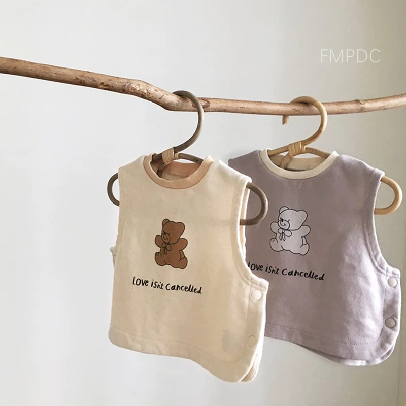 

2022 Baby Girl Sleeveless Vest Autumn Boys Cotton Cartoon Bear Vest Coat Solid Twist Waistcoat Toddler Pullover Outerwear Tops