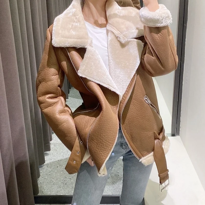 

Dinboa Women Winter Warm Thick Windproof Motorcycle Coat with Belt Brown Suede Jacket Faux Lamb Leather Jacket Outwear