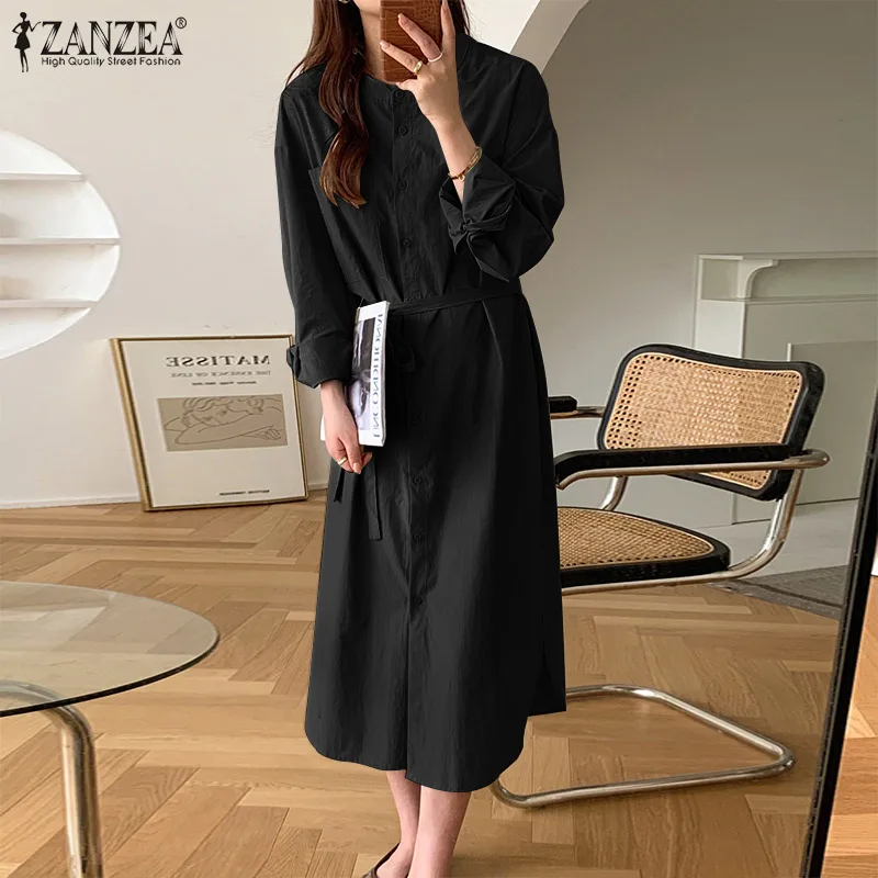 

Женское платье-рубашка с длинным рукавом, круглым вырезом и пуговицами