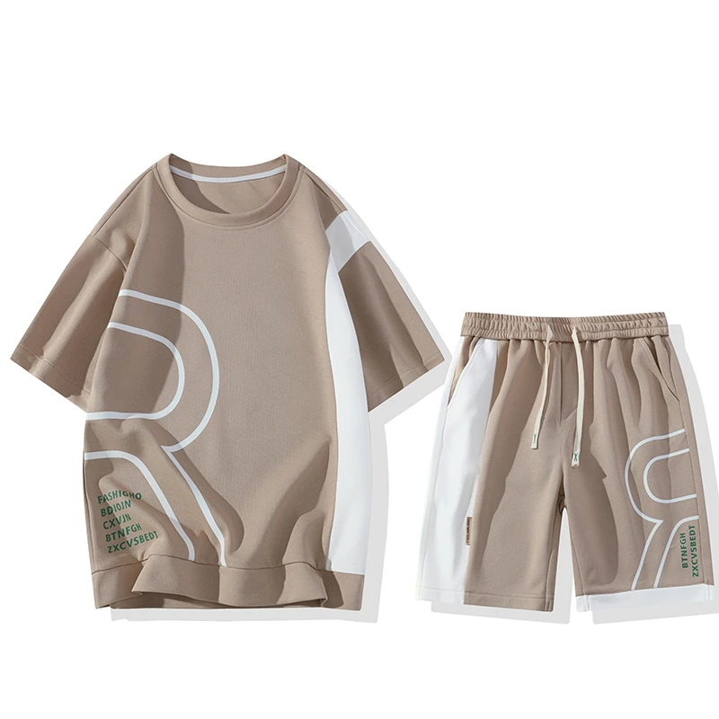 Pullover Men's round Neck Letter Print Short-Sleeved T-shirt Young Students Are Fashionable Fifth Pants Trendy Two-Piece Suit