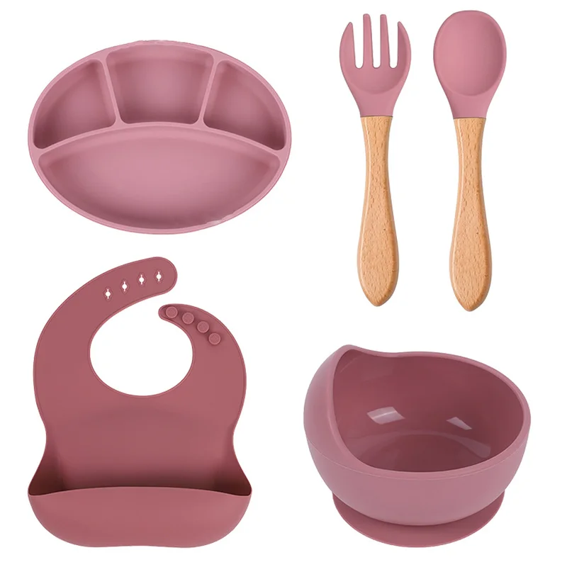 Silicone Baby Feeding Bowl Non-Slip Divided Plates with Suction Baby Bib Drinking Cup Wooden Handle Spoon Kids Feeding Tableware