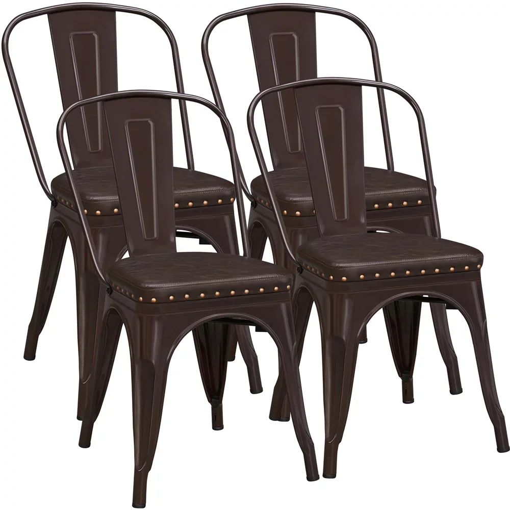 

Iron, PU, Plywood, Non-woven Fabrics and Foam Industrial Metal Studded Dining Chair with Cushion, Set of 4, Brown