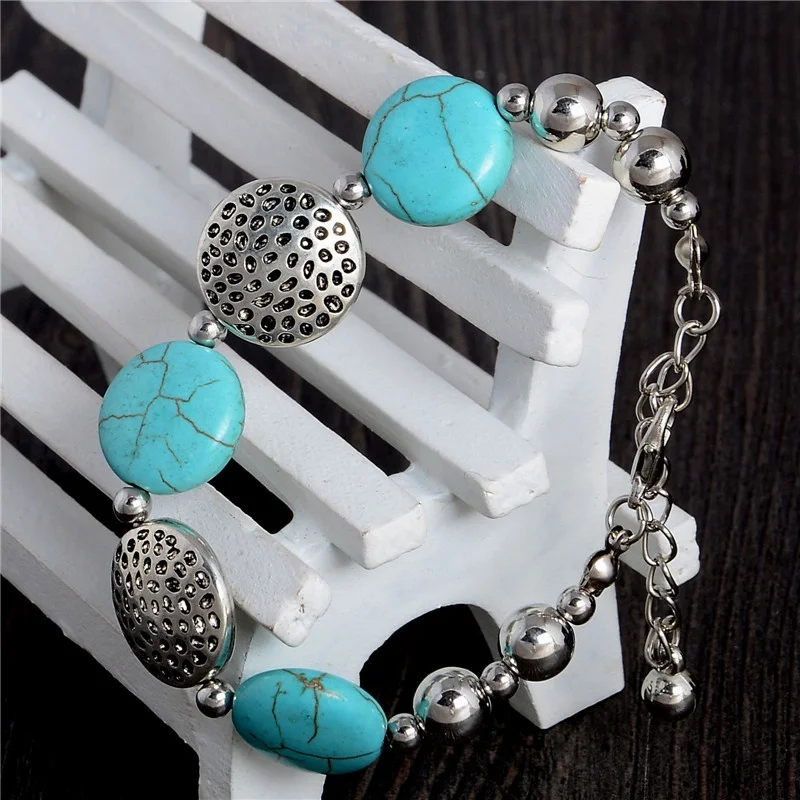 

0118 Charm Beads Fashion Jewelry Vintage Hollow Out Handmade Petals Tibetan Silver Turquoise Bracelet