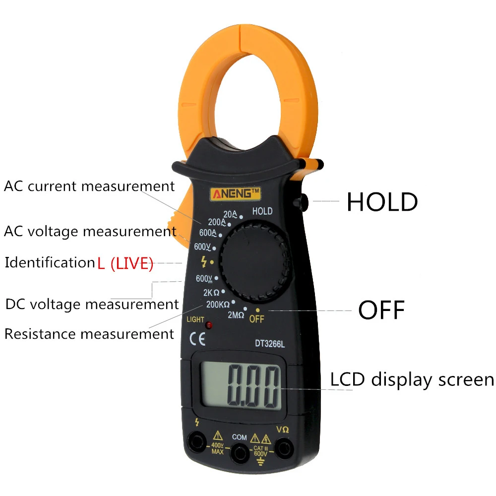 

DT3266L Digital Clamp Meter Multimeter Current Clamp Pincers Voltmeter Ammeter 600A AC/DC Ohm Amper Current Voltage Tester