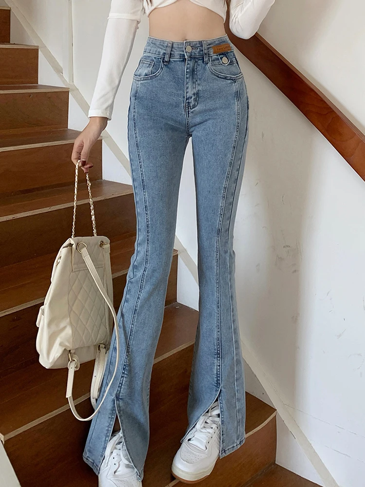 Casual Slim Stretch Jeans With High Waist Split Flared Trousers 2023 New Fashion Women'S Clothing