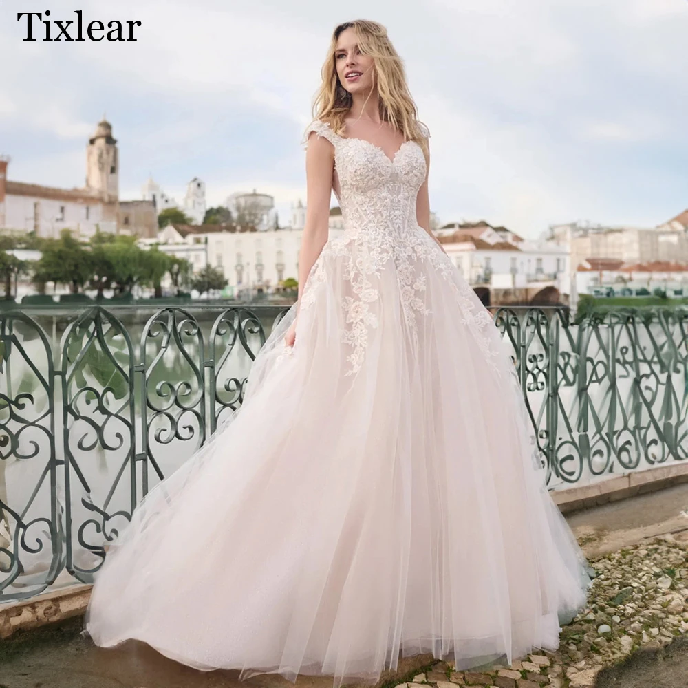 

Tixlear Vintage Wedding Dress For Women A-line V-Neck Tulle Appliques Covered Button Custom Made Luxury Beading robe de mariée