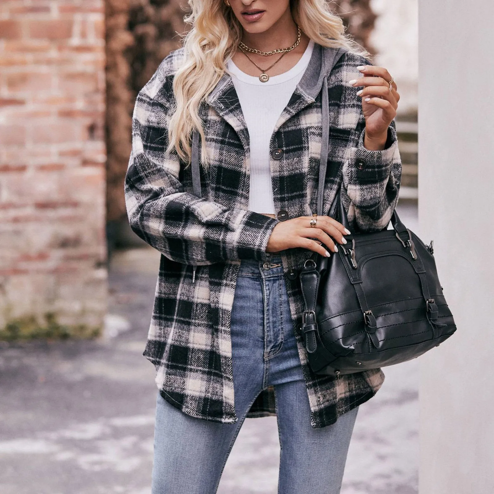 

Autumn Winter Coat For Ladies Fashion Plaid Jacket With Hooded Women Harajuku Vintage Casual Shirt 2023 New Female Clothing