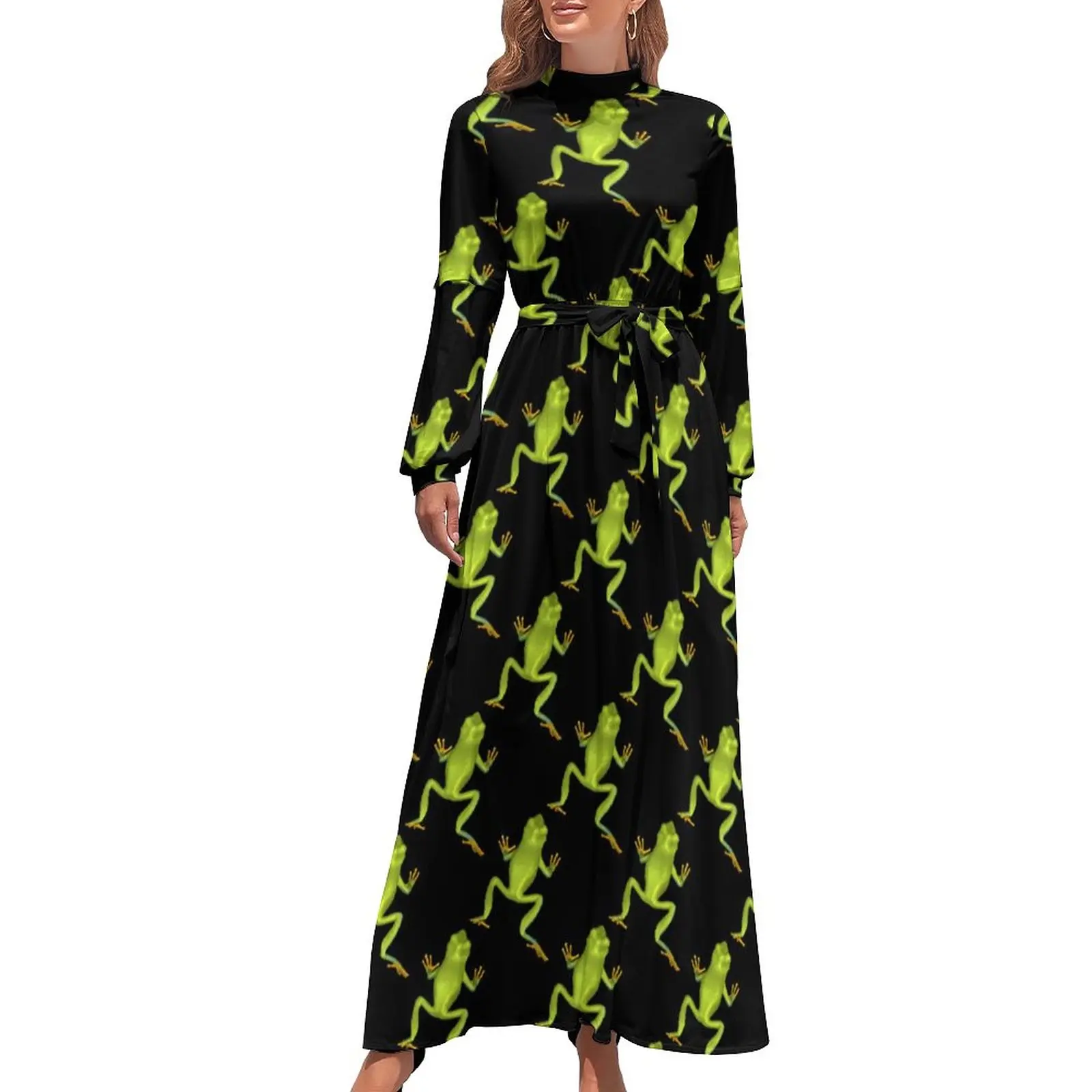 

Green Tree Frogs Dress Jumping Frog Print Party Maxi Dress Street Fashion Boho Beach Long Dresses High Waist Design Vestidos