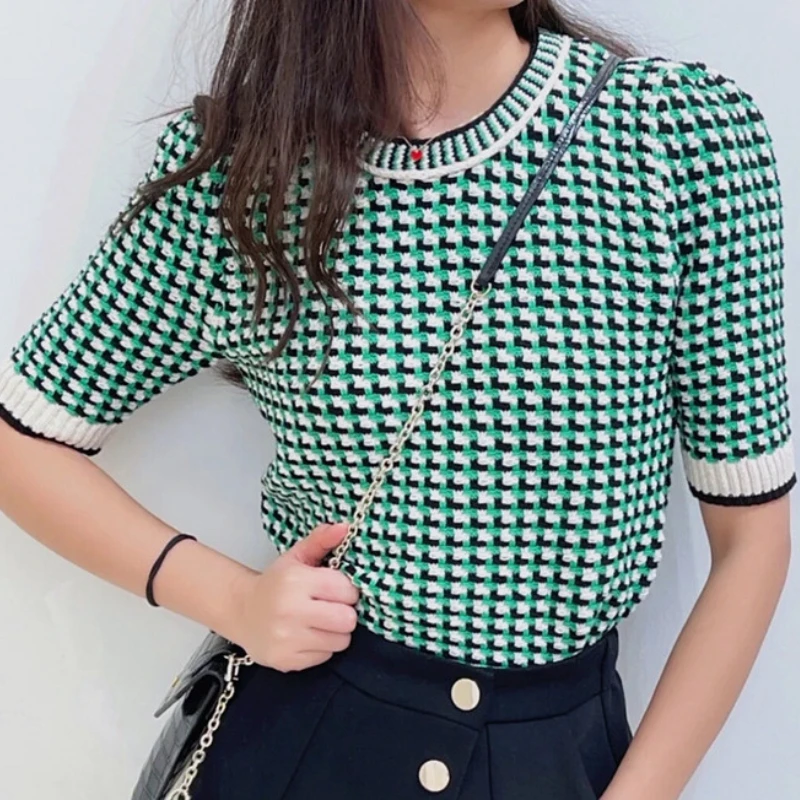 

Women Green Plaid Sweet Knitted Sweater 2022 Spring Vintage Slim Round Neck Short Sleeved Office Ladies Top French Luxury Brand