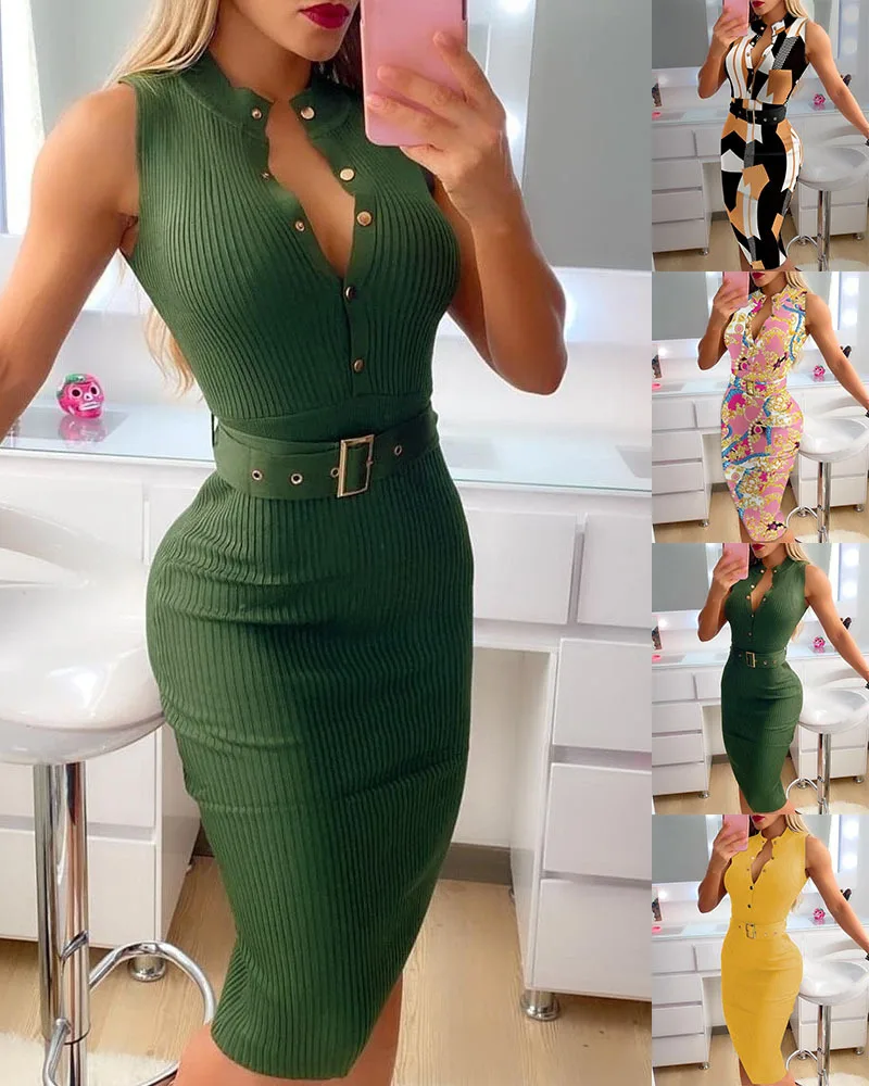 

2022 Fashion and Elegant New Women's Sexy Fashion Button Women's Clothing Waist Slim Dress with Belt