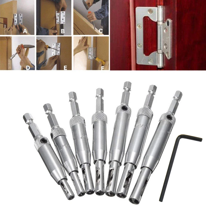

Self Centering Hinge Drill Bits Set Door Cabinet Pilot Holes HSS Hex Recess Woodworking Window Door Drill Bit Tools