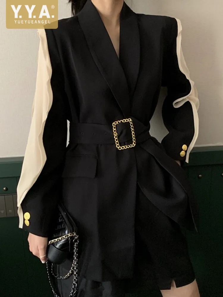 

Elegant Sashes Blazer Women Autumn Winter Splice Slim Fit Party Jacket Female Fashion Office Lady Long Sleeve Suit Coat S-L