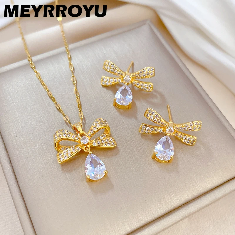 

MEYRROYU 316L Stainless Steel Jewelry Set Bow Water Drops Zircon Necklace Stud Earrings For Women New Arrival Gift Accessories
