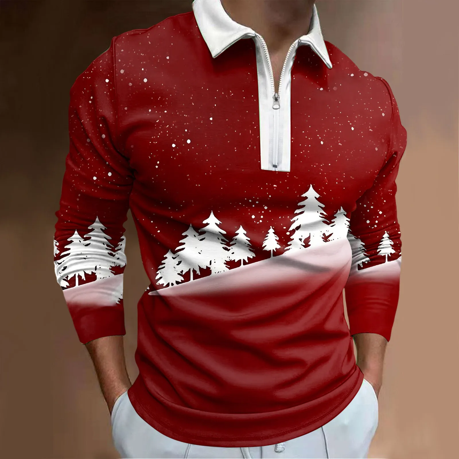 Мужские рождественские рубашки-поло на молнии с отложным воротником и длинным