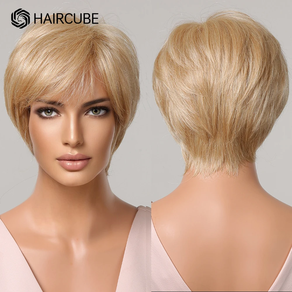Blonde Short Pixie Wigs for Women with Bangs Layered Synthetic Blend Human Hair Wigs Heat Resistant Natural Sunlight Golden Hair
