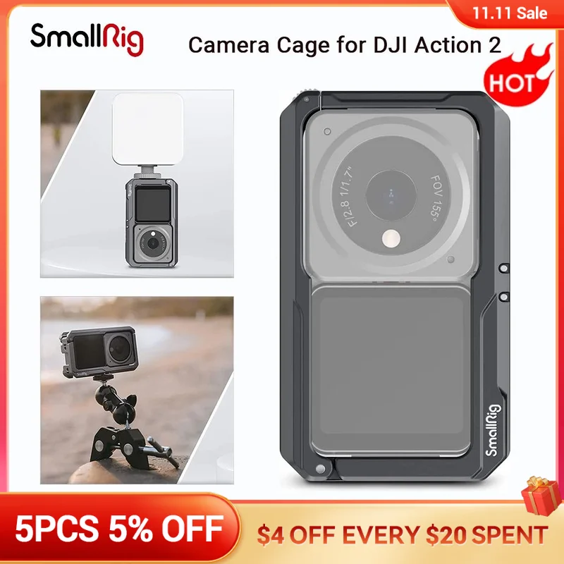 

SmallRig Action Camera Cage for DJI Action 2 Power Combo or Dual-Screen Combo w/ Cold Shoe M4 and 1/4" Screw Holes 3661