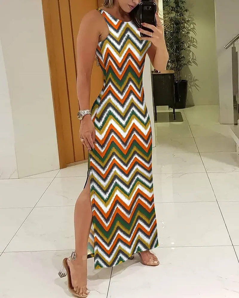 

Women's Summer New Chic Sexy Chevron Scoop Neck Print Split Hem Sleeveless Maxi Dress