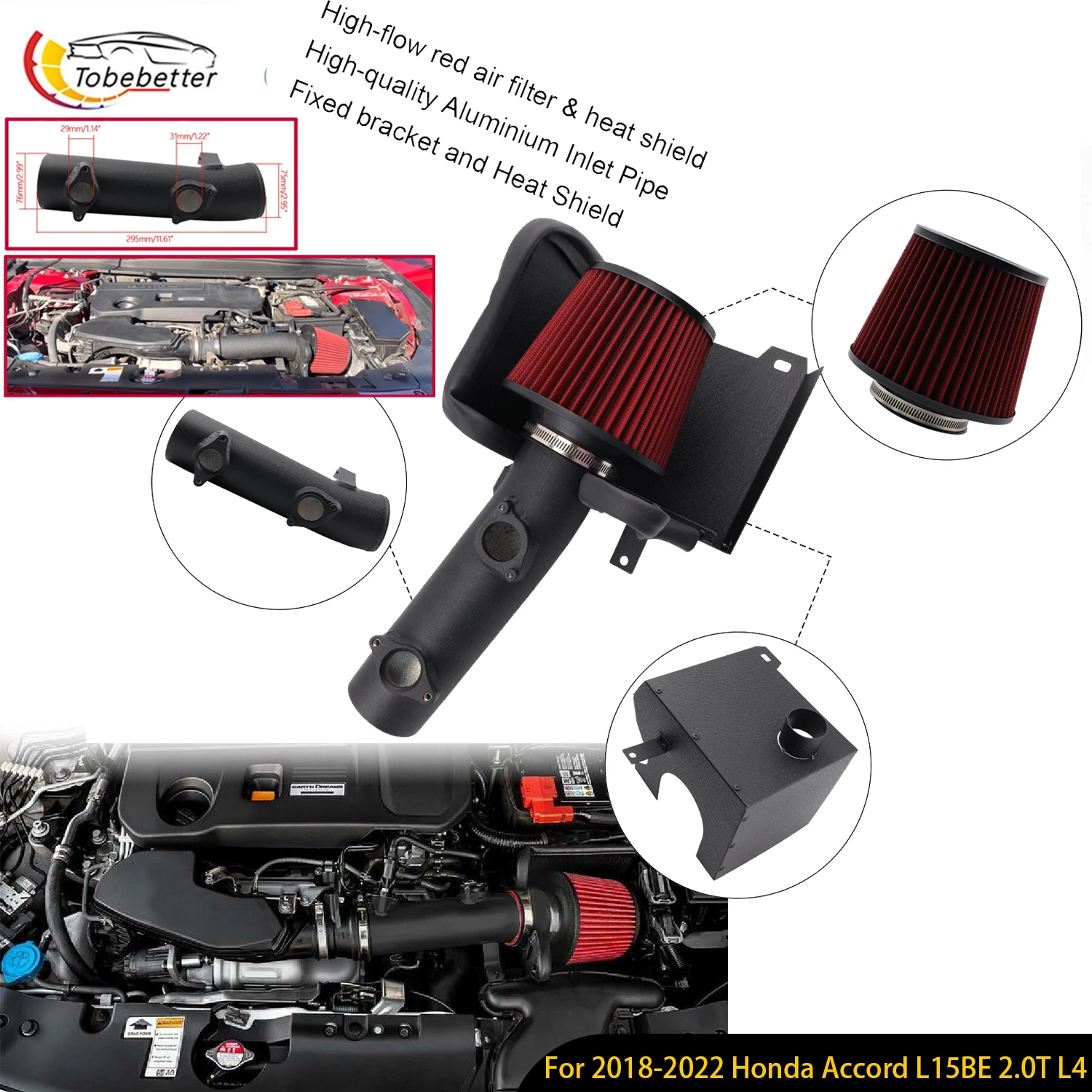 Фото Система холодного впуска воздуха + красный фильтр для Honda Accord 2.0L K20C4 Turbo 10-го поколения 2018-2022 гг. (Short Ram) №1