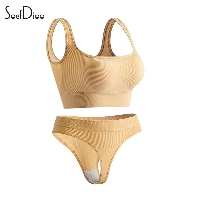 

Soefdioo Solid Ribbed Fashion Wireless Bra and Sexy Low Waist Panty Matching 2023 Two Piece Set Women Sprots Bra & Brief Sets