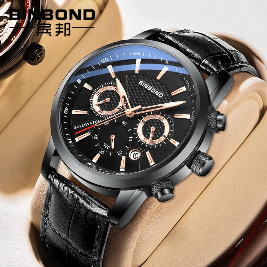

Simple Fashion Six-pin Auto-date Luminous Pointer Waterproof Mens Wristwatch Leather Strap Business Quartz Watch