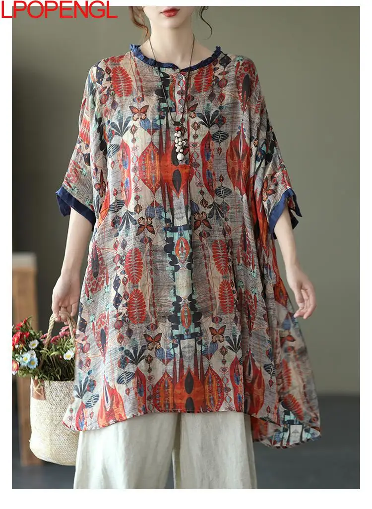 

Elegant Vintage Women Dresses Ramie O-neck Short Sleeve Button Print Floral Clothing Summer New Sweet Style Loose Oversize Dress