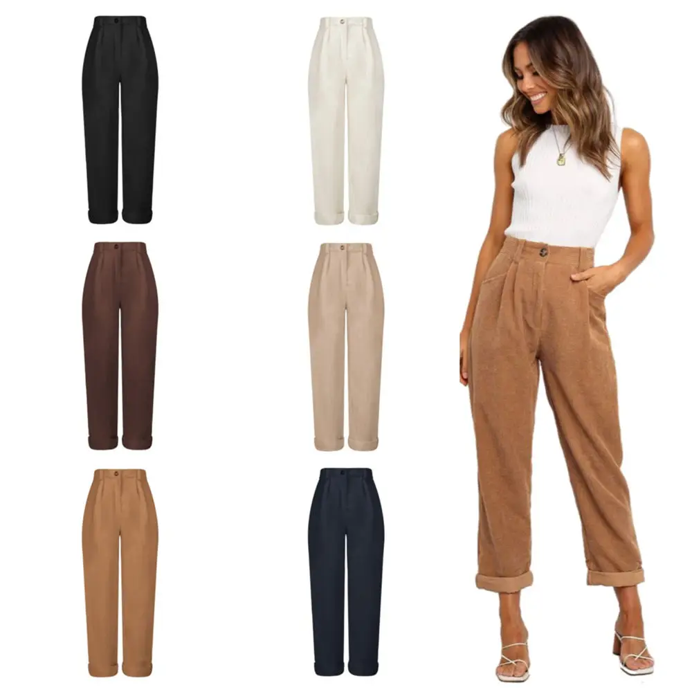 

Брюки женские вельветовые однотонные, винтажные свободные Мягкие штаны с завышенной талией, Повседневная Популярная уличная одежда