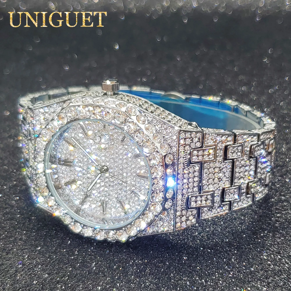 Кварцевые наручные часы Золото CZ Diamond Charm Iced Out Яркие цирконовые камни 42 мм