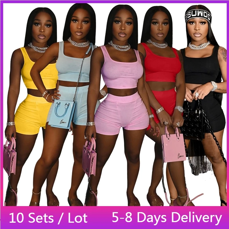 

Оптовая продажа, однотонный спортивный костюм, женская летняя одежда, спортивный облегающий комплект из двух предметов, укороченный топ и в...