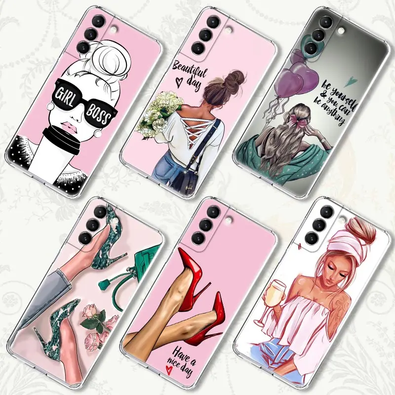 

Boss Girl Coffee Clear Case for Samsung Galaxy S21 S20 FE S22 Ultra S10e S10 S9 Plus 5G Phone Cover Fashion Beautiful Girl Coque