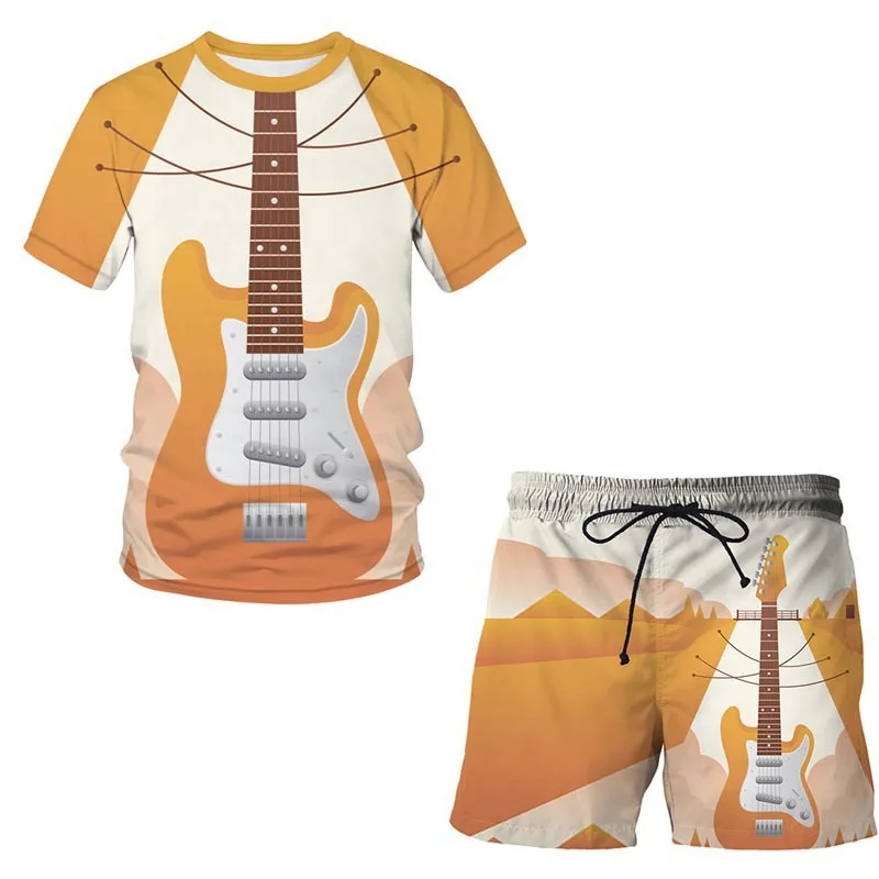 2023 Summer New Instrument Guitar 3D Printed Casual Men's Suit Short sleeve T-shirt + Sports Shorts 2-piece Sets O-Neck Loose