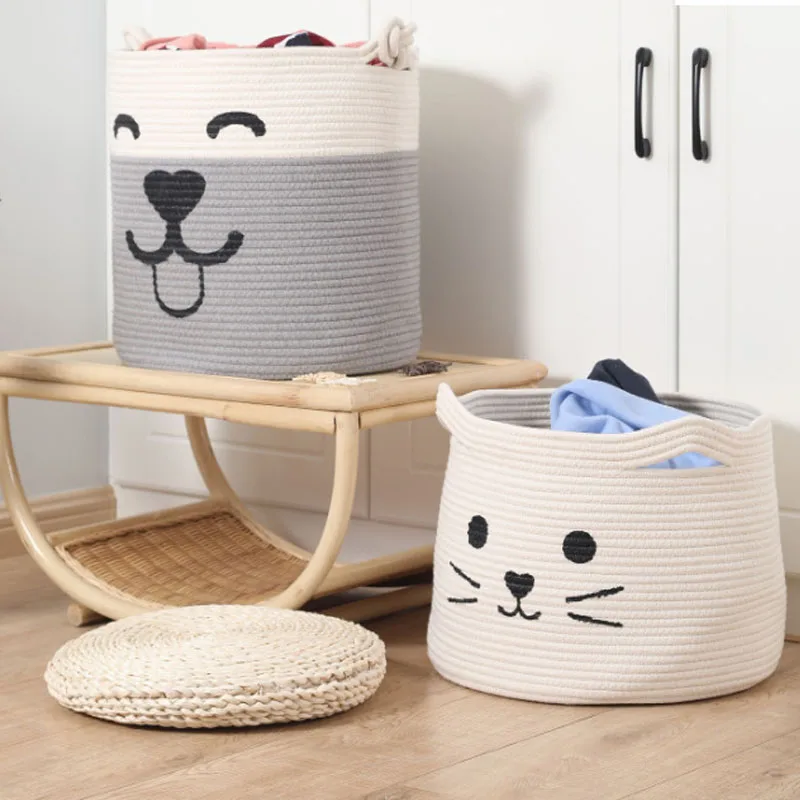 Cartoon Children's Cotton Rope Woven Toys Storage Basket Foldable Laundry Basket with Handle Design Toy Sundries Storage Basket