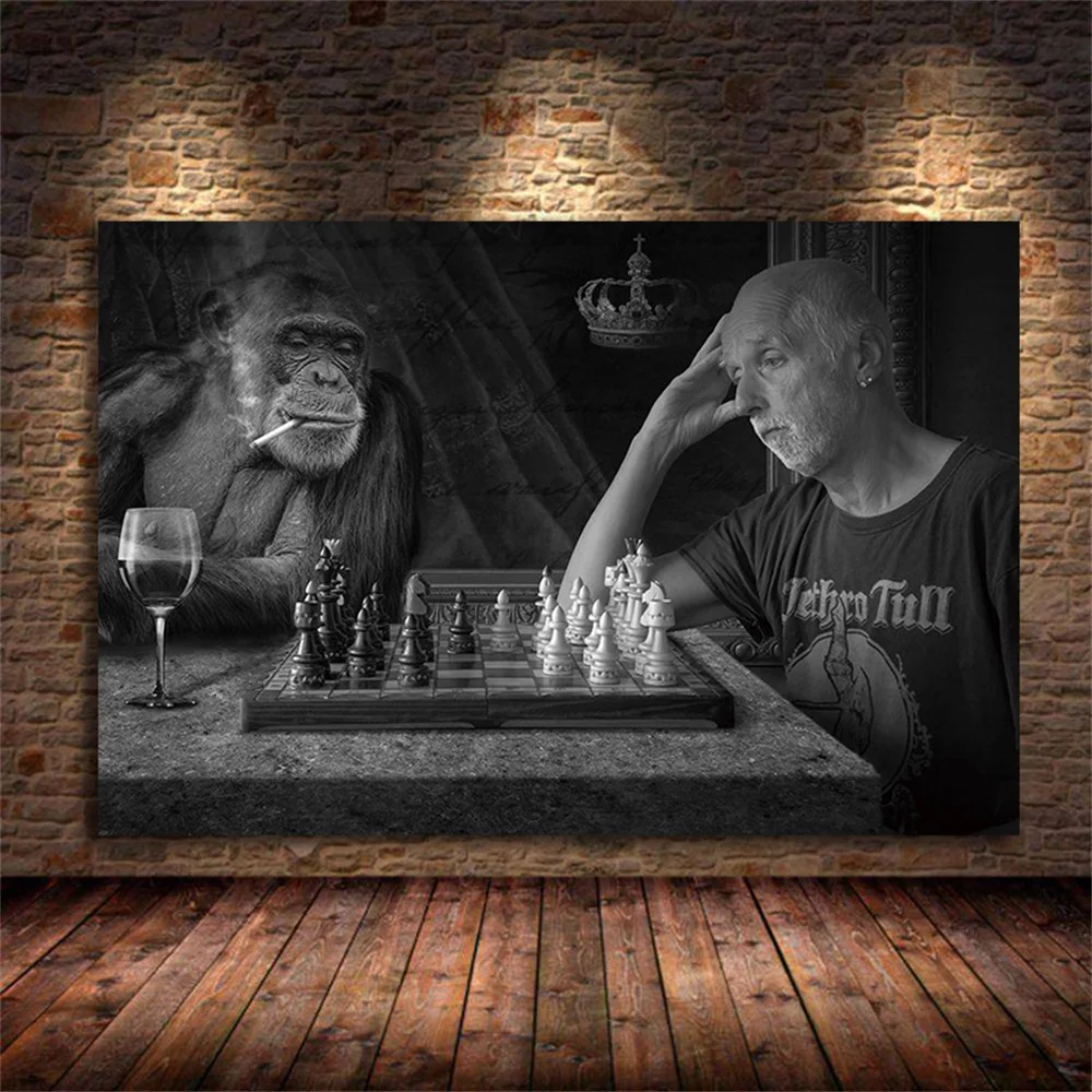 

Monkey Playing Chess Creative Painting Canvas Wall Art Poster and Print Black White Animal Picture for Living Room Home Decor