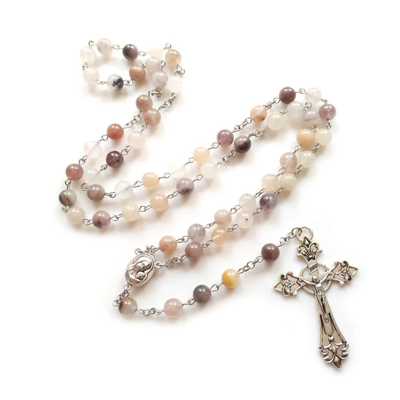 

QIGO Catholic Cross Rosary Necklace Stone Beads Long Pendant Women Men Religious Prayer Jewelry