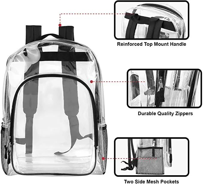 Unisex  Clear Backpack With Reinforced Straps For School, Security, and Sporting Events - Black