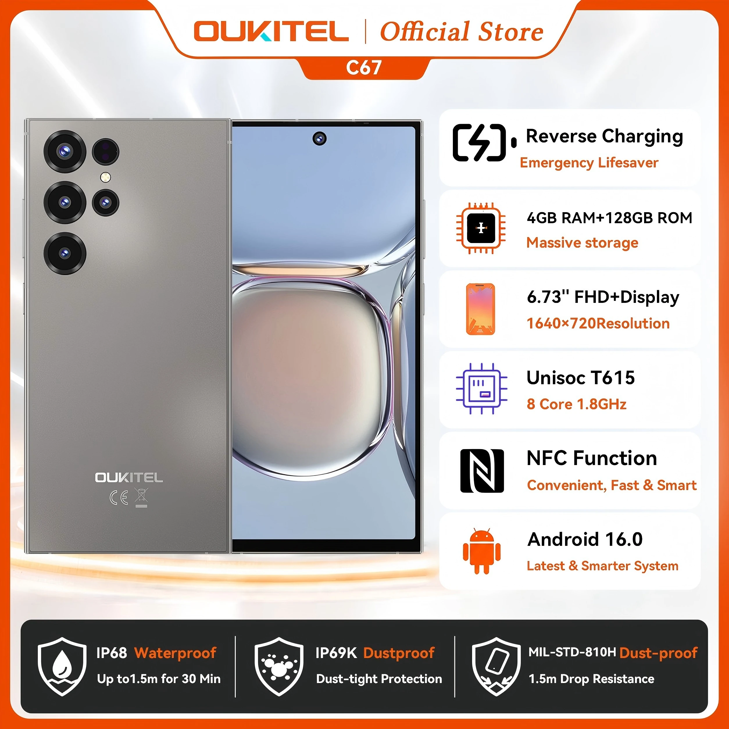 Фото Смартфон OUKITEL C67, 6.73-дюймовый дисплей 120 Гц, Unisoc T615, 24 ГБ+256 ГБ, 5000 мАч, камера 64 МП, Android 16, AI-телефон, тонкий корпус 8.7 мм №1