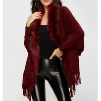 artificial fur collar shawl cardigan womens autumn and winter sweater coat cloak mid length loose irregular knitted ladies coat