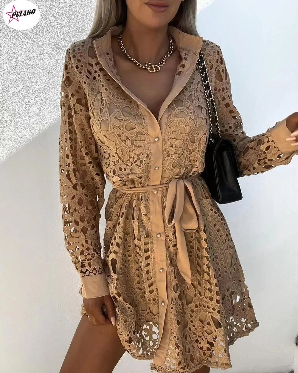 

Sexy Women Lace Hollow Out Shirt of Femmer Turn-down Collar Soid Party Vintage Office Lady Ruffle Beach Robe Female robe Dress