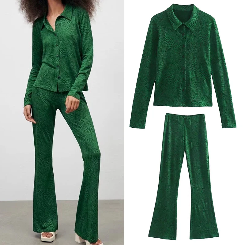 

2022 Spring Women Casual Long Sleeve Single-breasted Jacquard Knit Shirt Mid Waist Knit Flared Pants Two Piece Suit XX8538