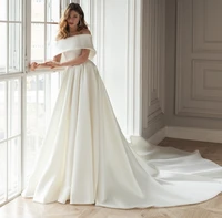 elegant a line wedding dresses 2022 off the shoulder simple boat neck satin trouwjurk arabic bridal gown vestidos de noiva