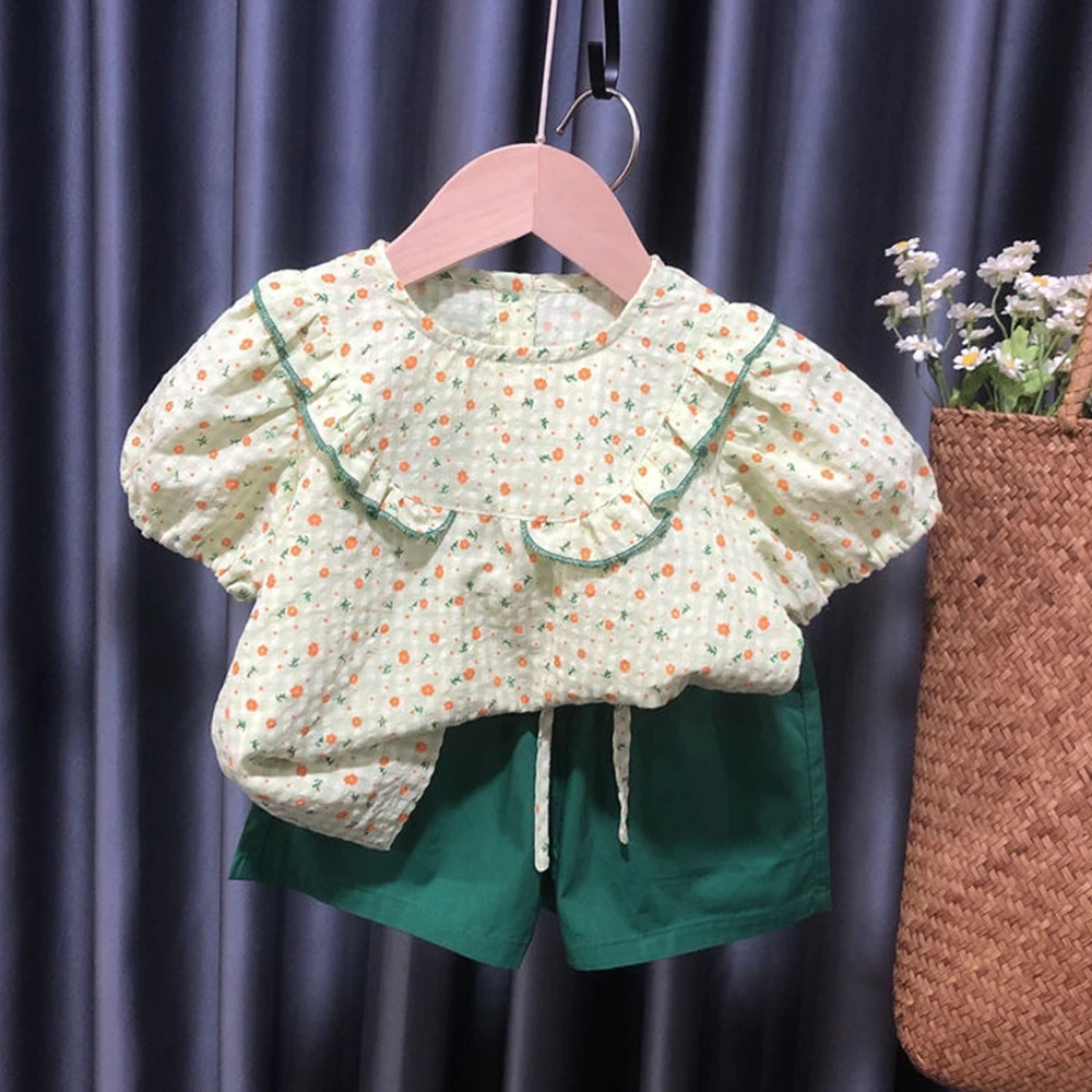 

Menoea Baby Kids Girl Sets Cotton Summer Girls Clothing Sets Girls Baby Floral Shirt + Shorts Suit 2pcs Flower Pleated Kids Set