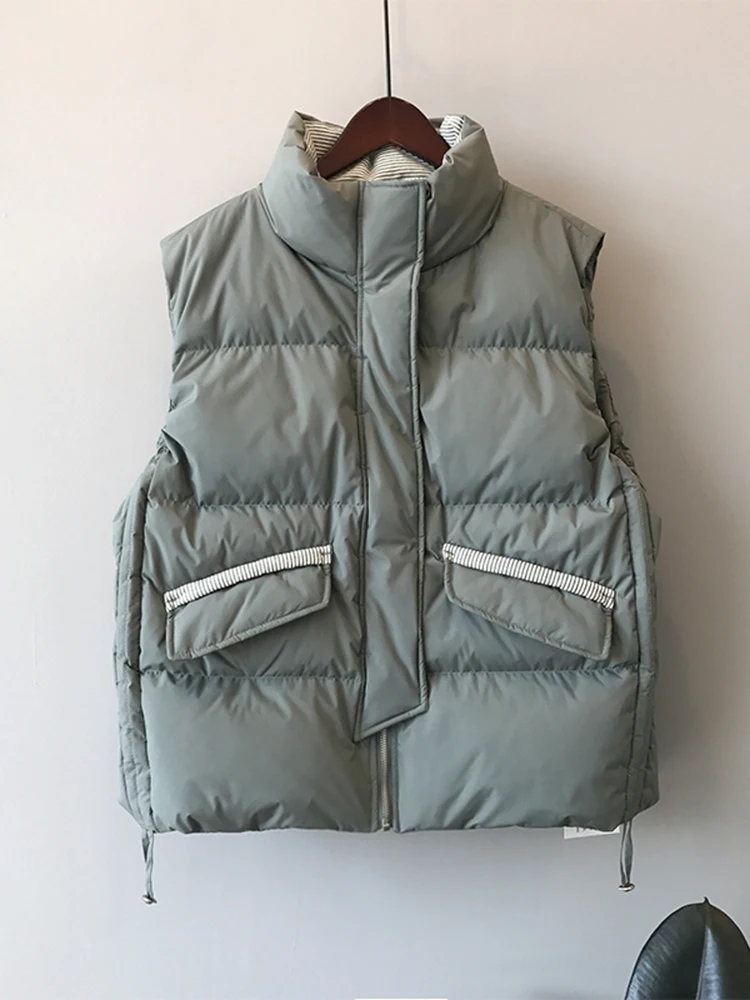 QOERLIN Designer Striped Liner Waistcoat Women Winter Thick Warm Jacket Stand Collar Sleeveless Pocket Zipper Padded Cotton Coat