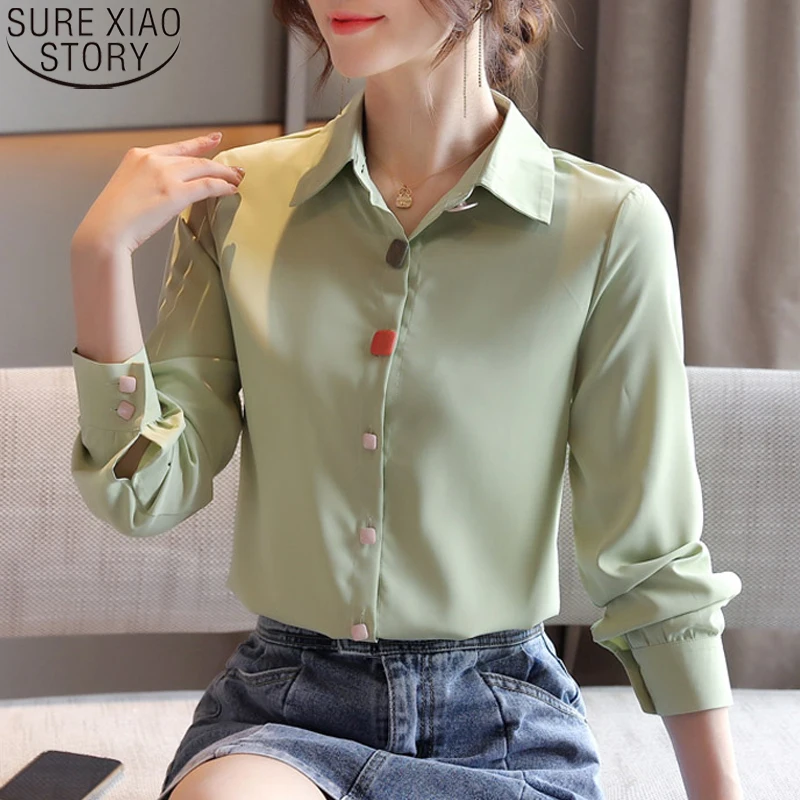 

Colorful Button Blouses Office Lady Fashion Autumn Women Chiffon Shirt 2021 Cardigan Shirt Solid Turm-down Collar Blusas 10892