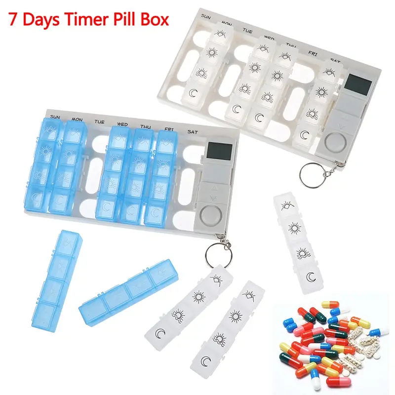 

7 Days Pill Box Medicine Pill Case Organizer LED Timer Reminder 28 Grids Weekly Tablets Storage Pill Dispenser Alarm Clock