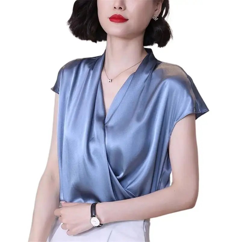 

2023 Summer Office Lady Loose T-Shirts Solid Satin Fold Women Blouses V-Neck Asymmetrical Short Sleeve Ladies Top blusa feminina