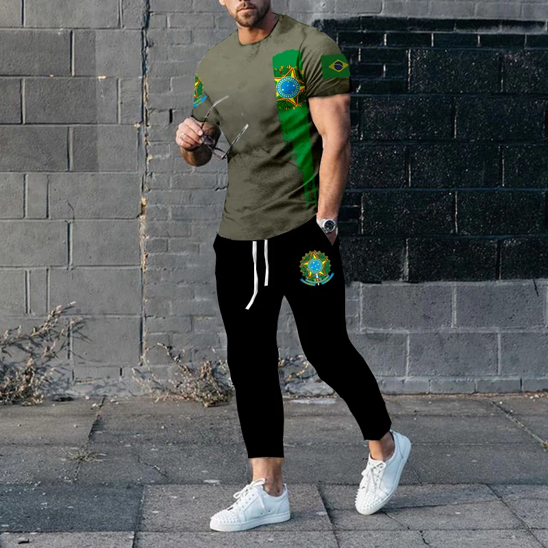 Summer Brazil Men's Tracksuit Fashion Short Sleeve Trousers 2 Piece Set Jogging Streetwear Oversized T-shirt Casual Sport Suit