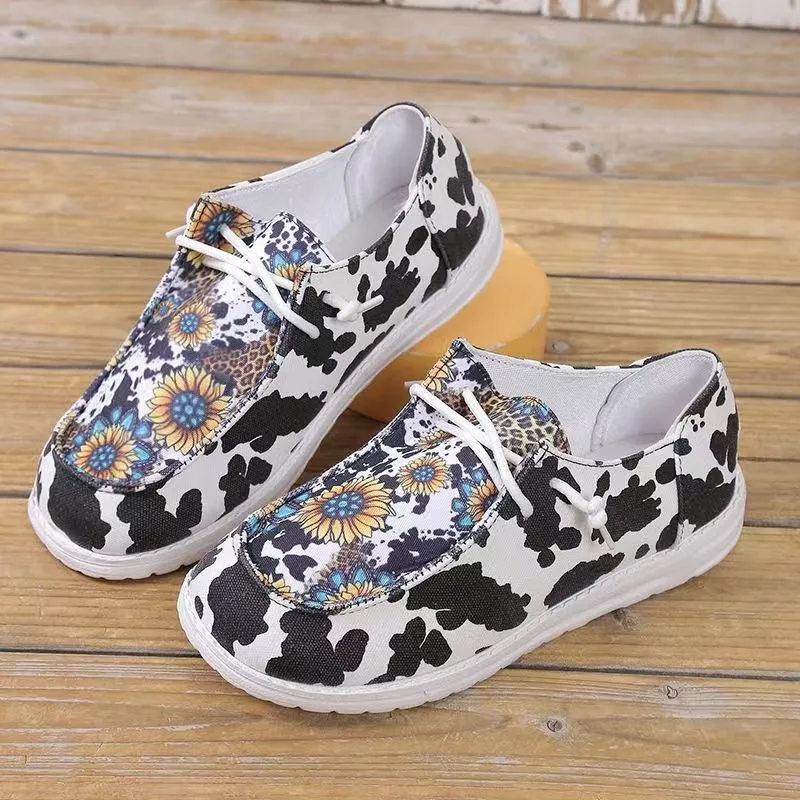 

Women's Flat Canvas Shoes Casual Sunflower Cow Printed Low Top Loafers Comfy Slip On Sneakers Convenient Outdoor Slip-on Shoes